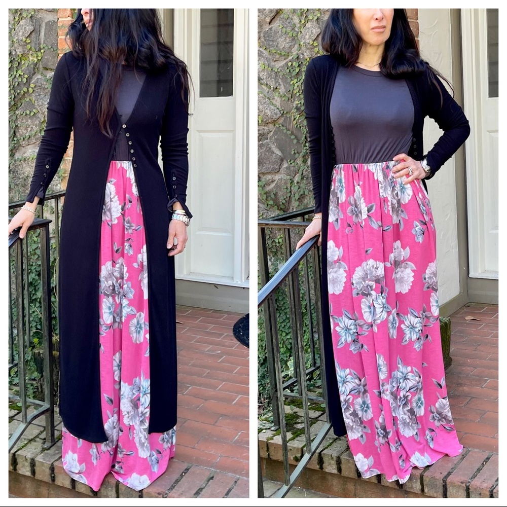 ✨LAST ONE✨CHARCOAL FLORAL SIDE POCKETS MAXI DRESS